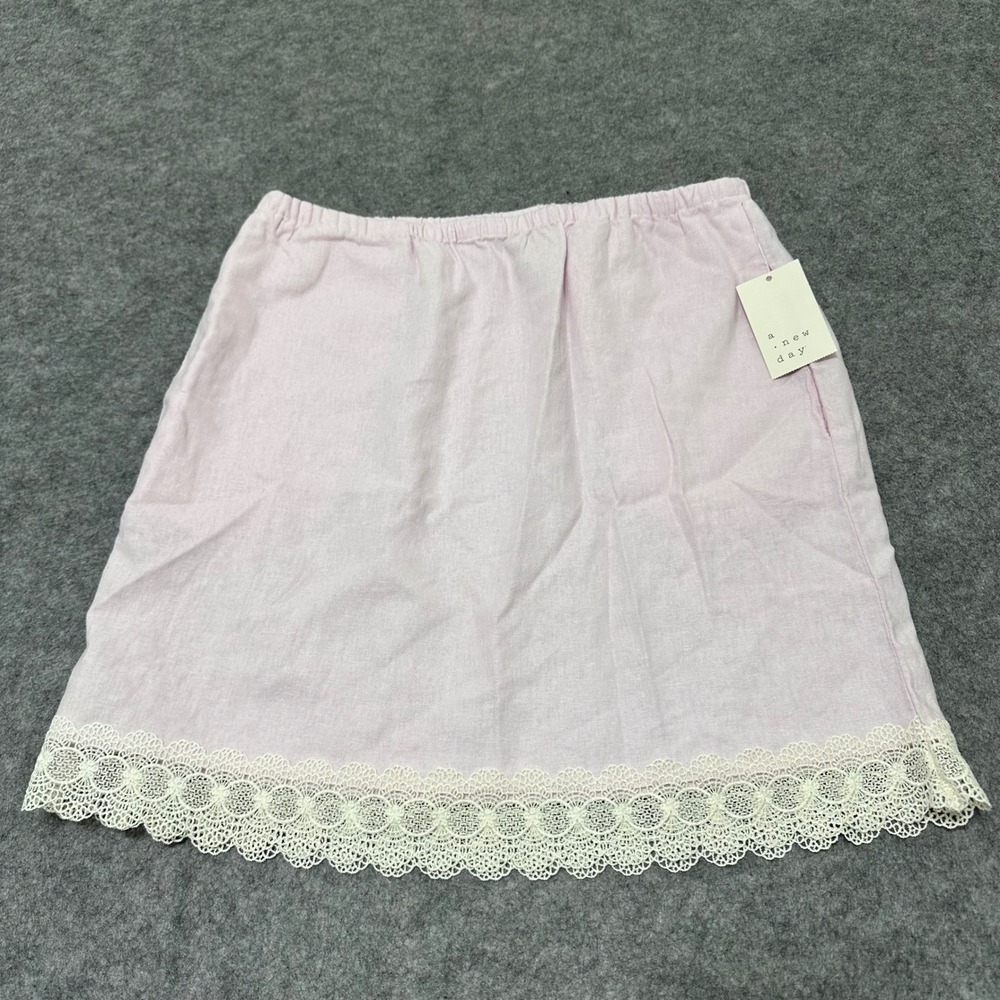 NEW A New Day Mini Skirt Womens Small Pink Linen Blend Lace Hem Elastic Waist